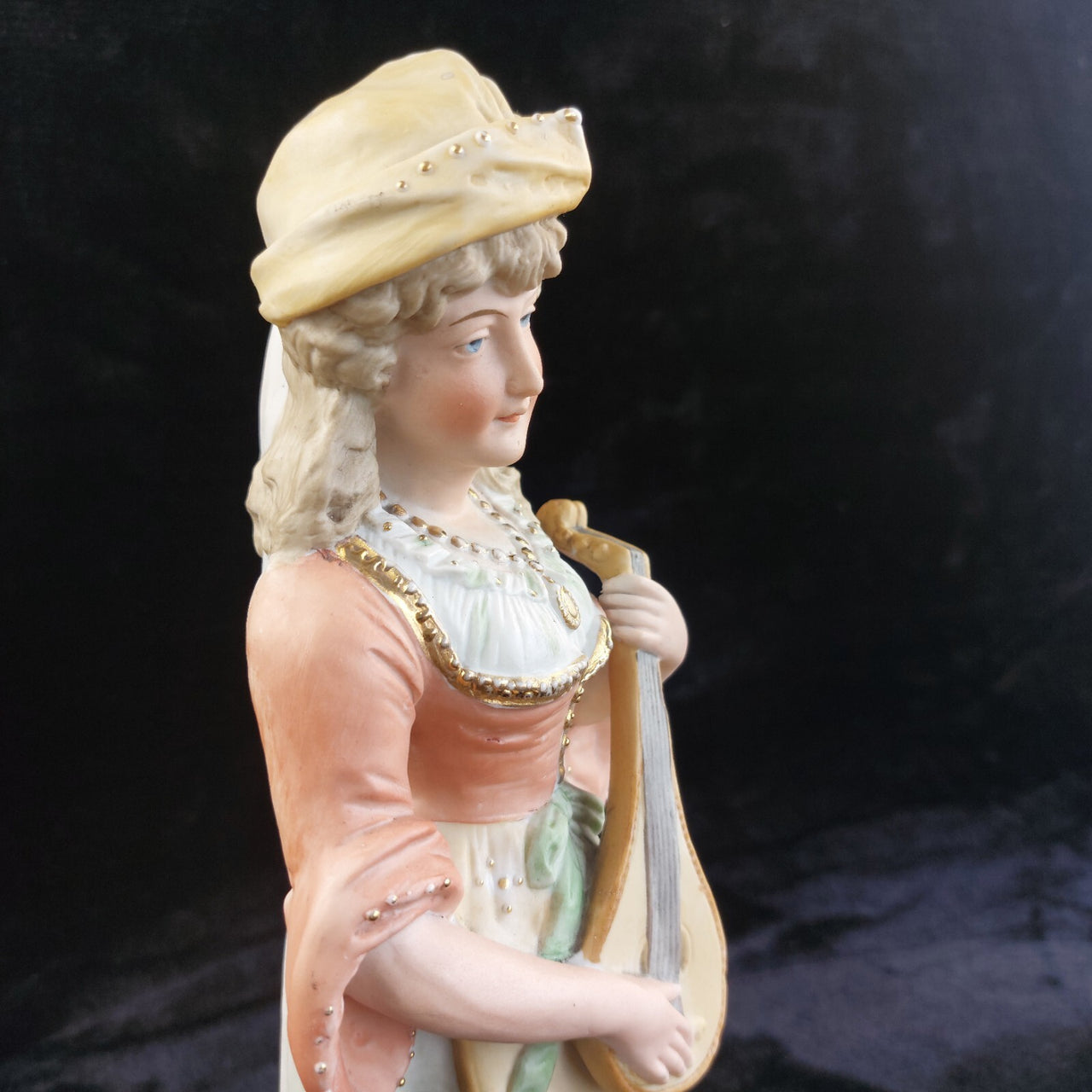 Antique 15in German Bisque Figurine Lady Mandolin Musician Hand Painted Gilt14