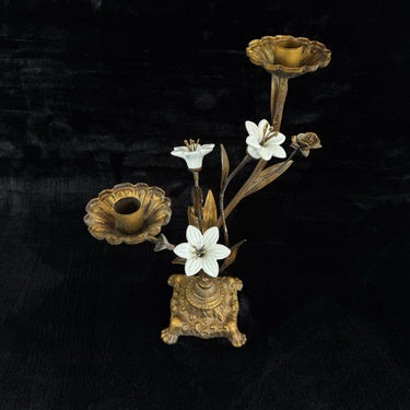Italian Style Bronzed Brass Floral Candlestick White Ceramic Flowers 40cm gift1
