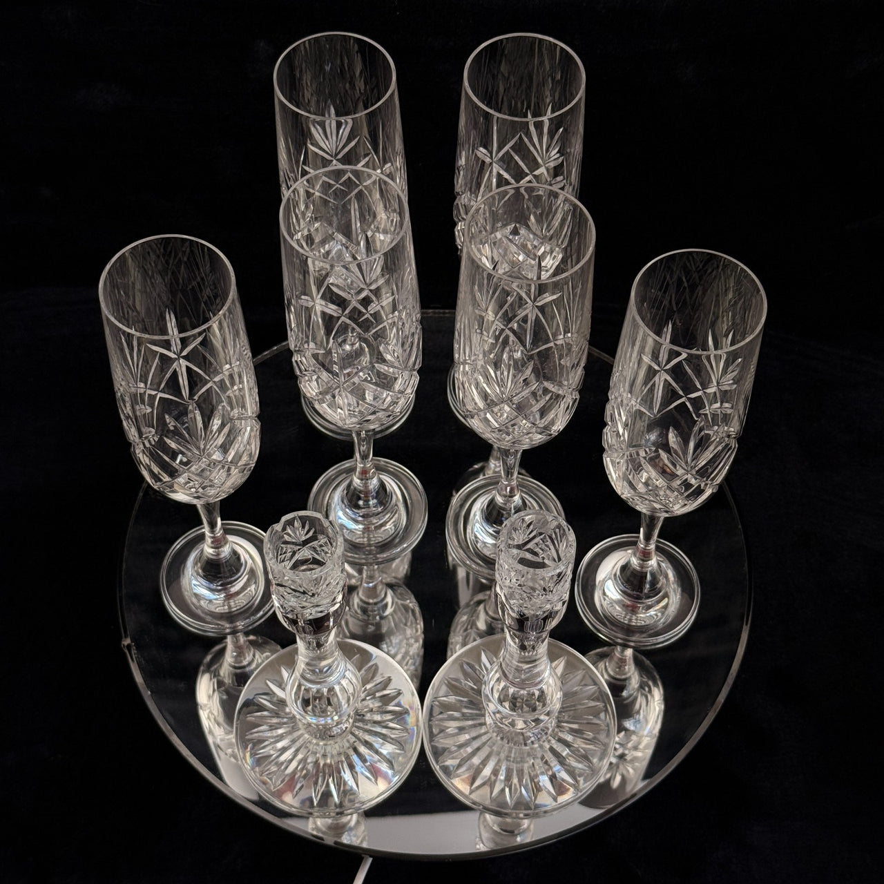 Vintage Cut Crystal Glassware Set – 6 Champagne Flutes & 2 Candlestick Holders19