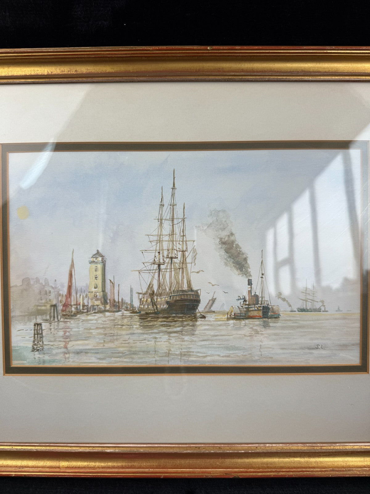 Antique S.L. Signed Watercolor wood gold framed- A London Harbor Scene.1