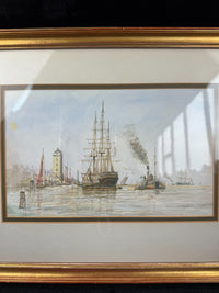 Thumbnail for Antique S.L. Signed Watercolor wood gold framed- A London Harbor Scene.1