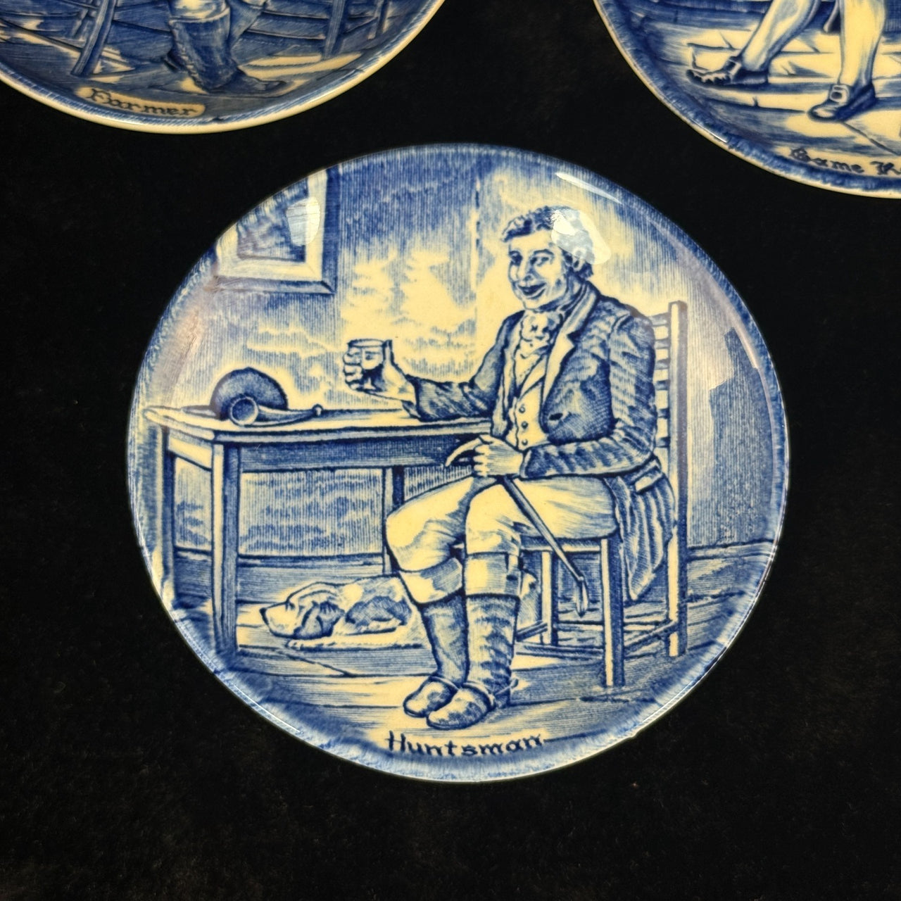 Booths Wedgwood England Blue Transfer Plates Set x5 Gamekeeper Farmer Soldier3