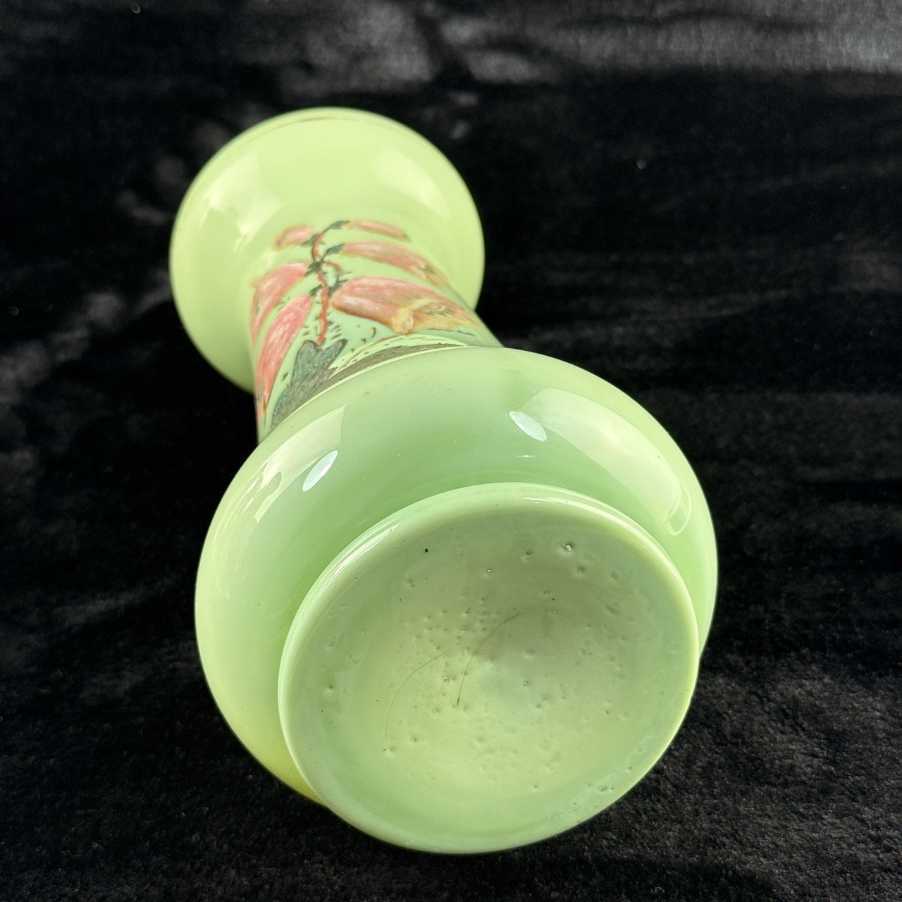 Milk Antique Glass Vase Pink Bell Flowers 10.5” Green Enamel Gilt bohem decor12