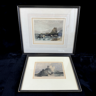 Pair Antique c.1830s Thomas Allom Engravings pr Bamborough & Holy Island Castle.0