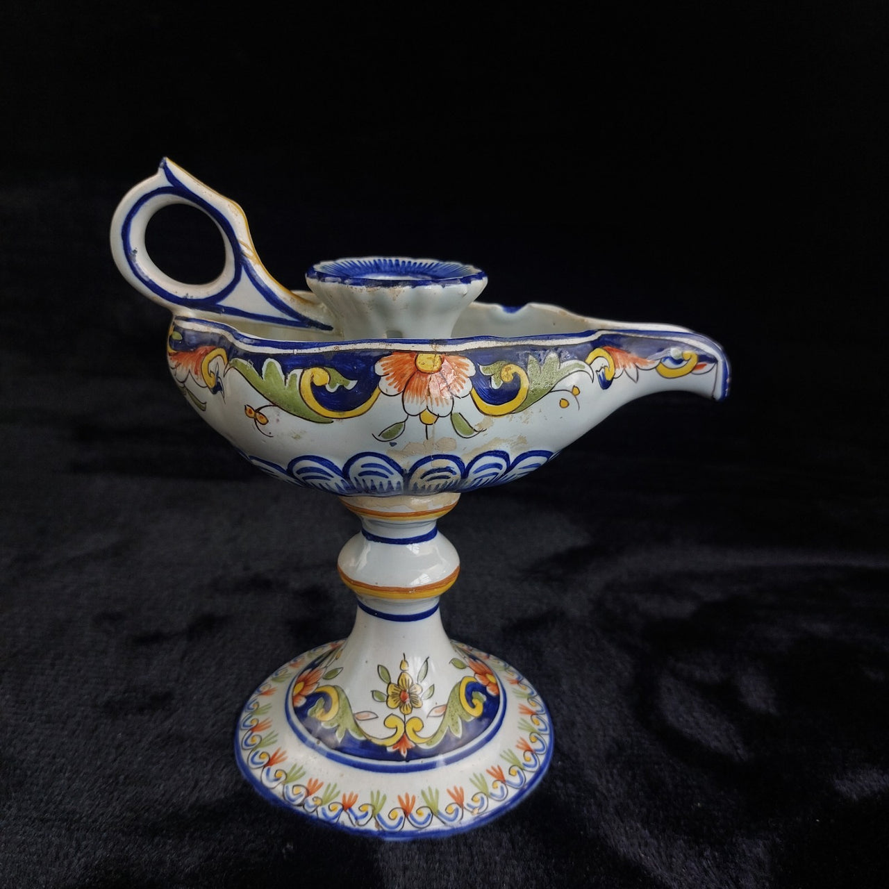 Italian Antique Majolica Faience Candle Holder Floral Hand Painted Coat of Arms 0