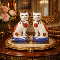 Thumbnail for Rare Staffordshire Style Antique Cat Figurine Pair Hand Painted Mantel Cats 4”0