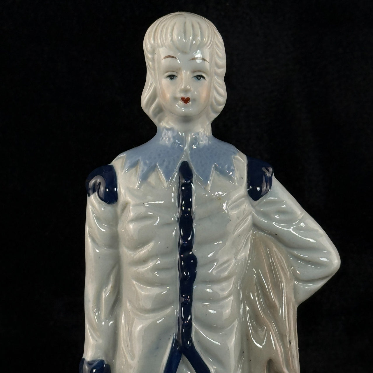 Antique Porcelain decor Colonial Man Figurine White Blue Glaze 11" Hand Painted3