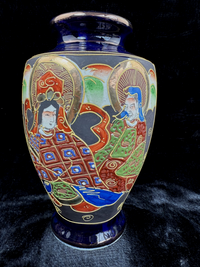 Thumbnail for Oriental Hand-Painted navy blue Vase - 'Foreign' Mark Antique Porcelain Satsuma.7