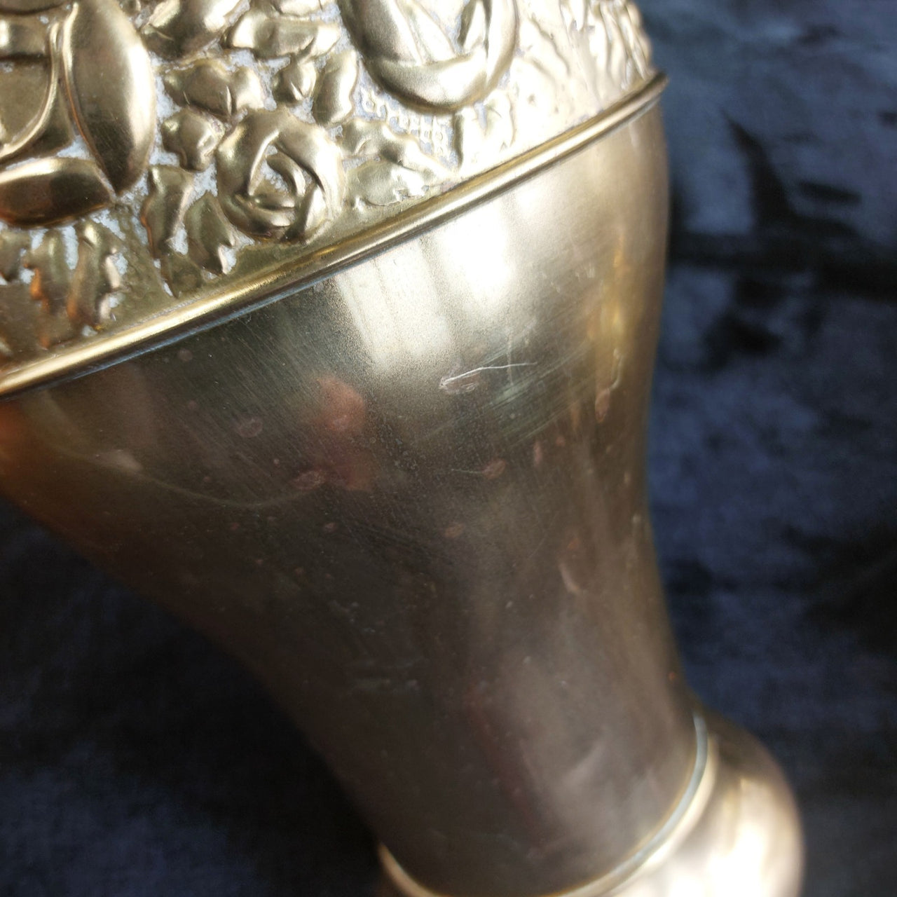 Vtg/ Antique Brass Vase Embossed Floral Design   Decor Patina Dent Wear 13" gift12