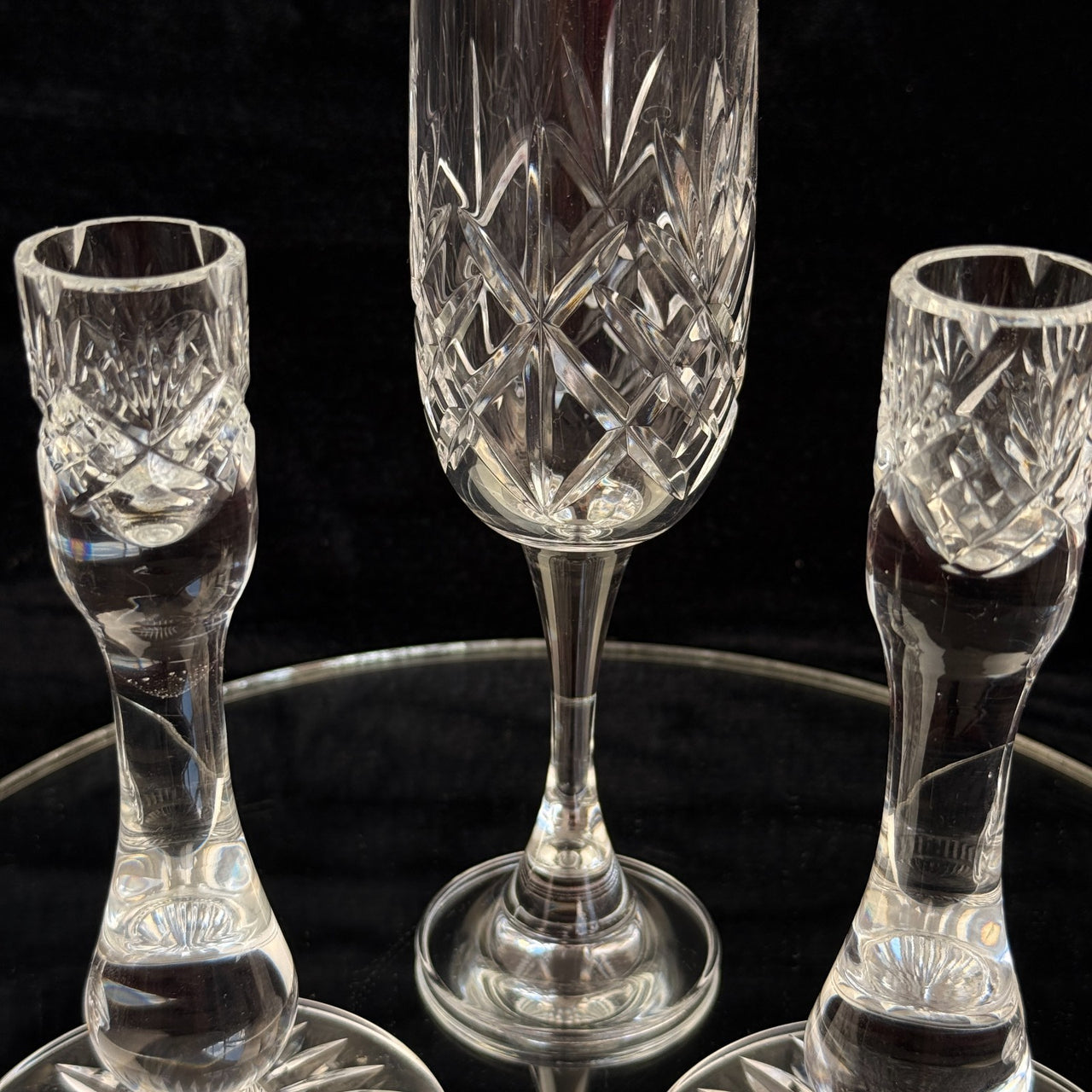 Vintage Cut Crystal Glassware Set – 6 Champagne Flutes & 2 Candlestick Holders12