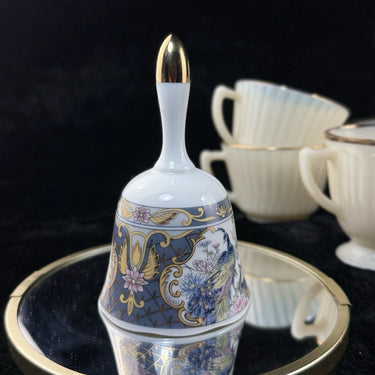 Japanese Porcelain Peacock Bell – Gilded Floral Blue Gold Trim Vintage Japan0