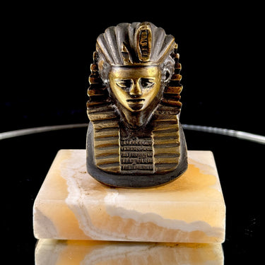 1920s Bronze Pharaoh Bust Tutankhamun on Marble Base Egypt Figurine Decor Brass.1
