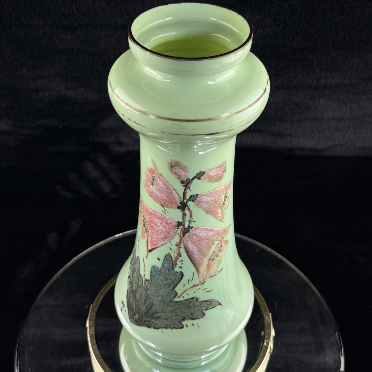 Milk Antique Glass Vase Pink Bell Flowers 10.5” Green Enamel Gilt bohem decor9