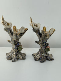 Thumbnail for Vintage Iridescent Bird Figurines Pair Tree Trunk Base Gold Trim Gift Roses6