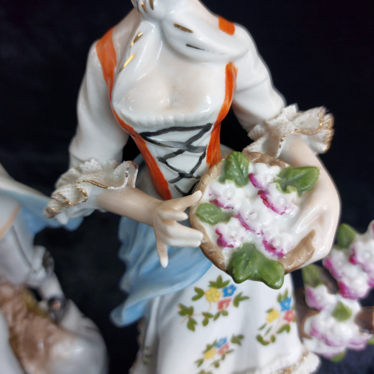 Continental Porcelain Figures Pair 11in w Flower & Lambs 20th century decor Box4