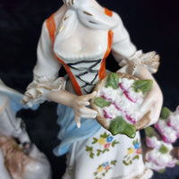 Thumbnail for Continental Porcelain Figures Pair 11in w Flower & Lambs 20th century decor Box4