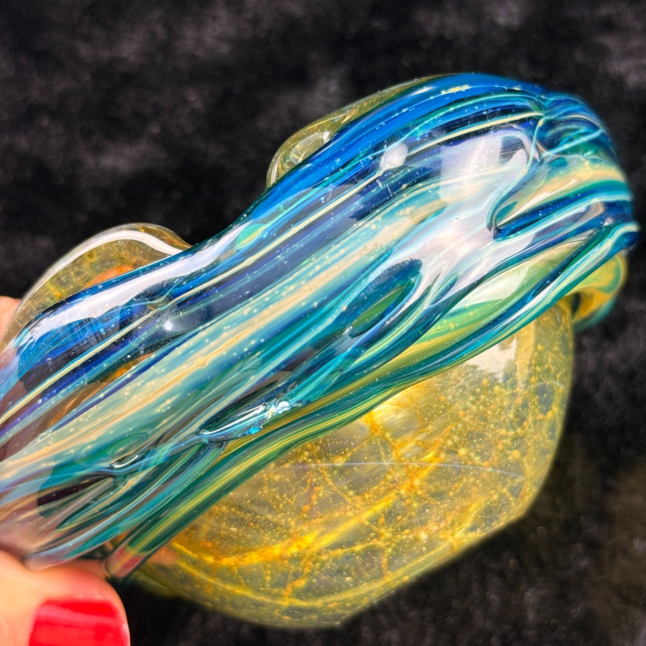 Mdina Malta Art Glass Ashtray 80s Blue Yellow Swirl 13cm Heavy see the pics deco17