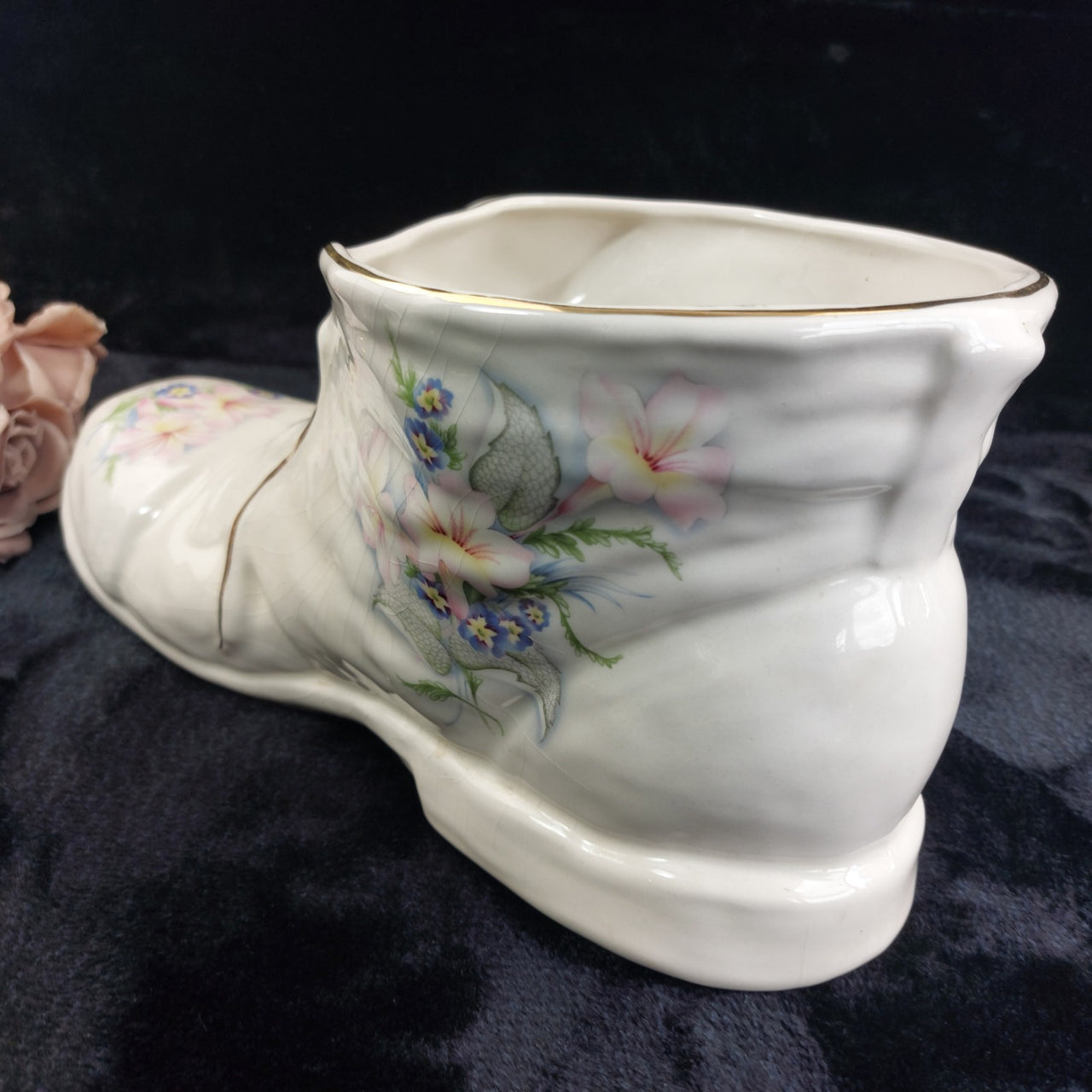 Maryleigh Pottery Floral Boot Vase Gilded Staffordshire 12" Porcelain White10