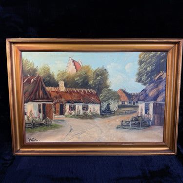 Original Oil Painting on Canvas Signed Y. Holm - Thatched Landscape Cottages1