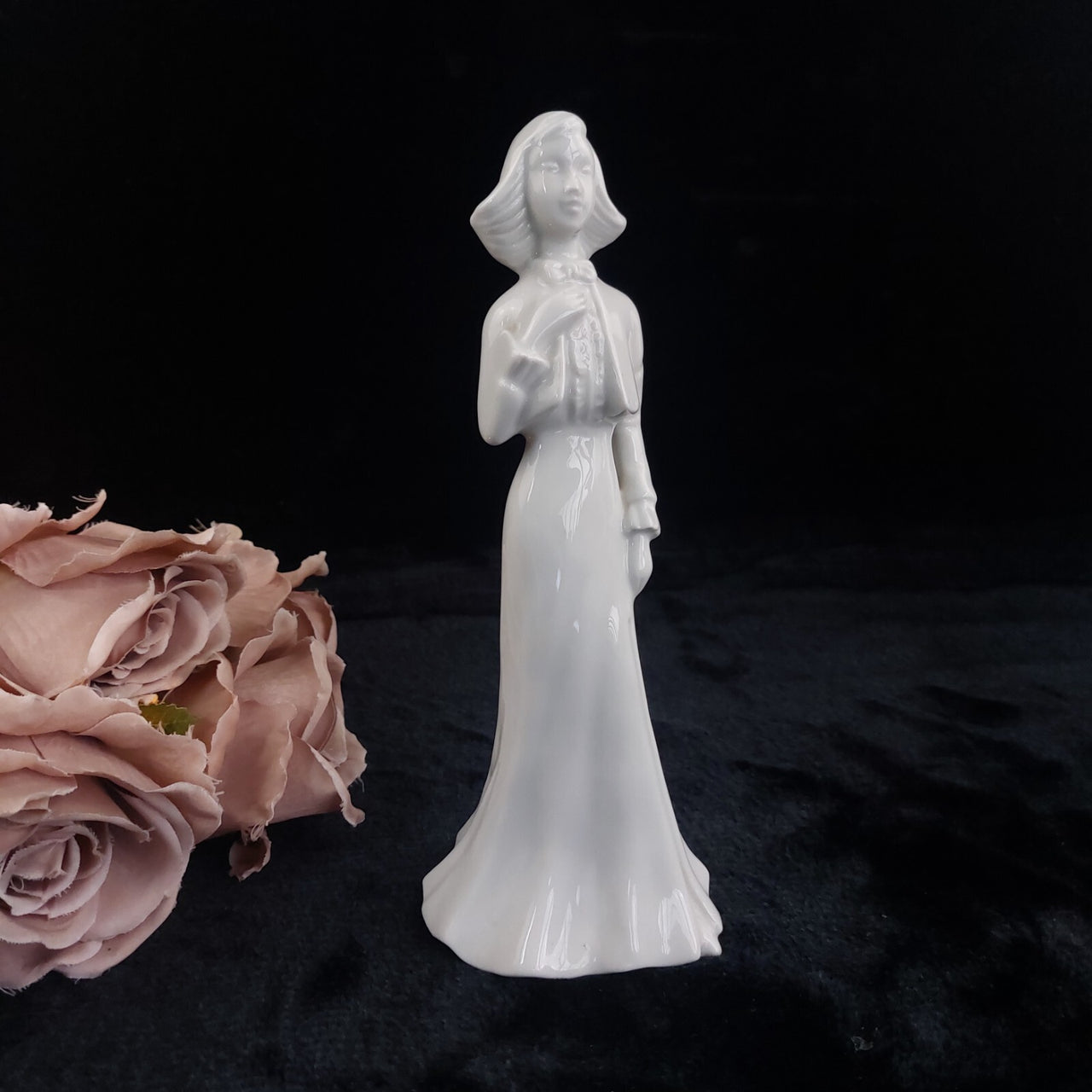 Vintage white Porcelain beautiful Girl FigurineElegant White Dress Blue Mark  9"3