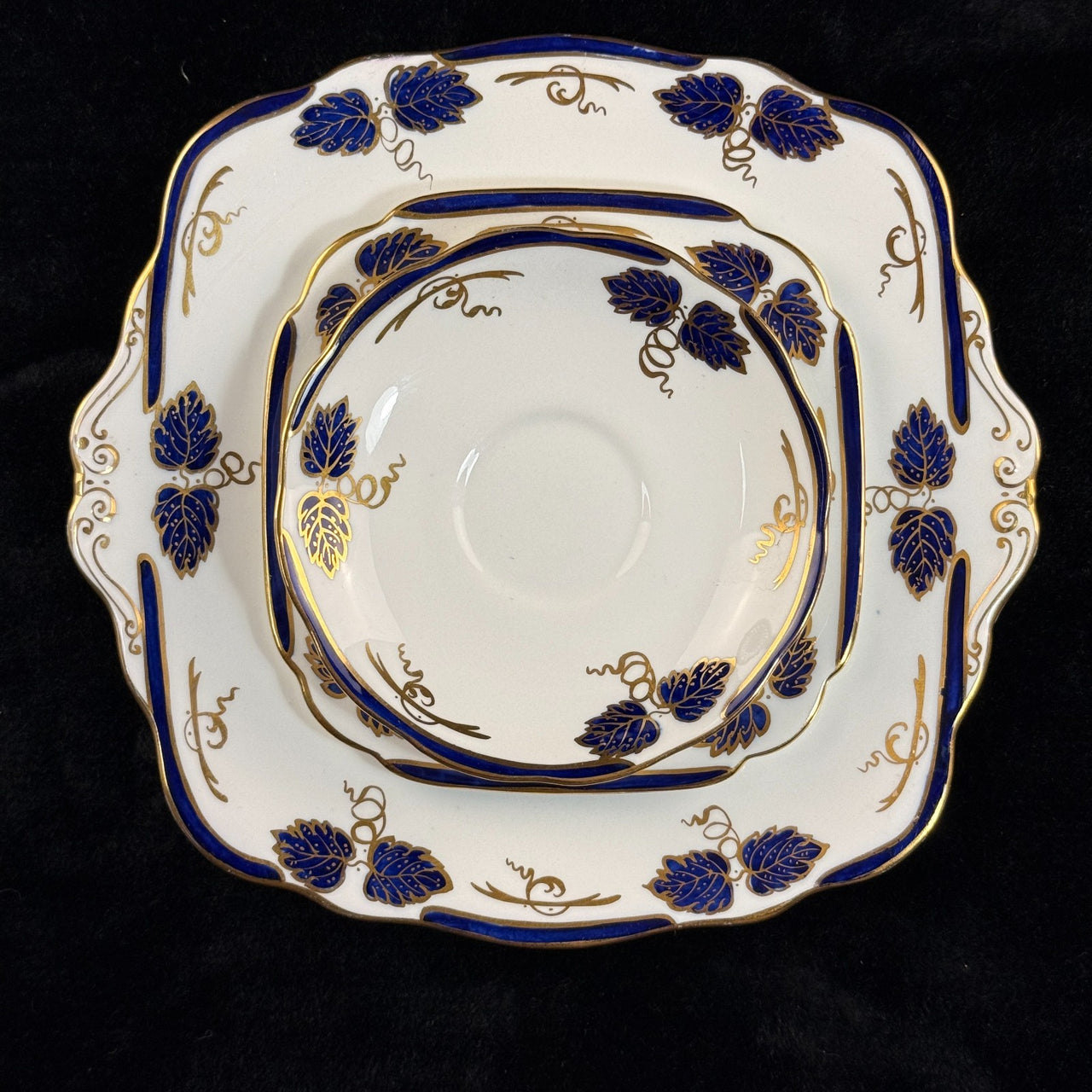 Rare Royal Albert Crown 1930s Cobalt Blue 2 Trios & Cake Plate Set England. 15