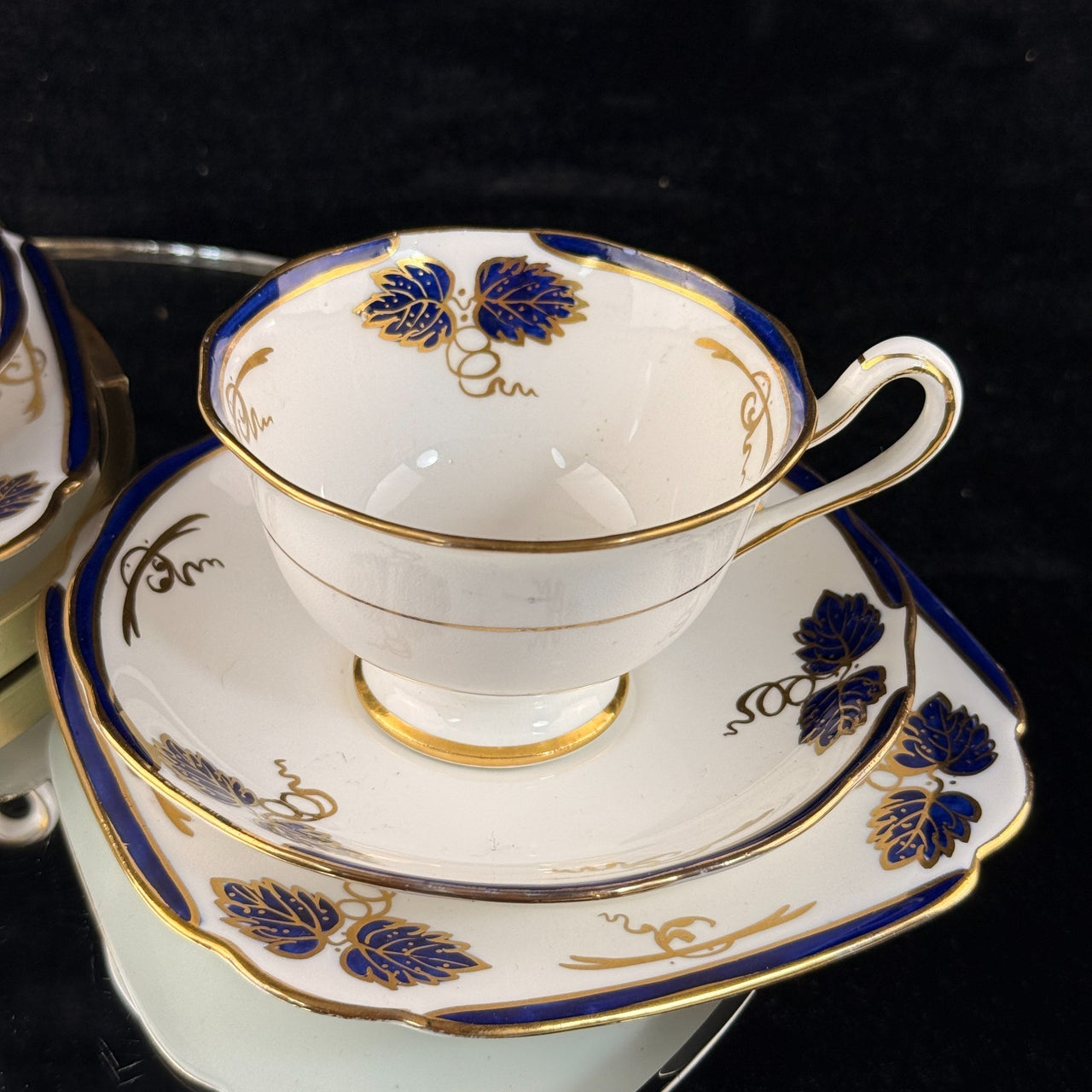 Rare Royal Albert Crown 1930s Blue Cobalt 2 Trios & Cake Plate Set England.12