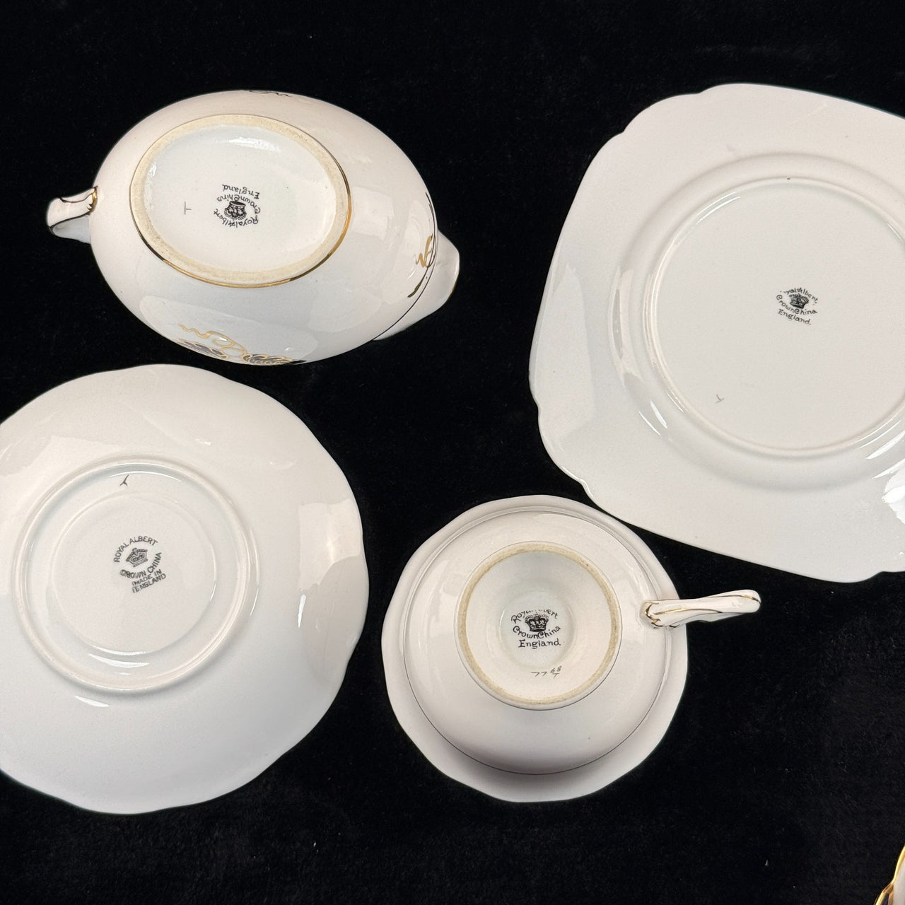 Rare Royal Albert Crown China Blue Gold Leaf Tea Set Trio x2 & Jug England 1930s10