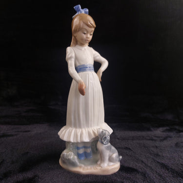 NAO by Lladro Girl with Dog Figurine Spain 1987 White Blue Dress 9.5