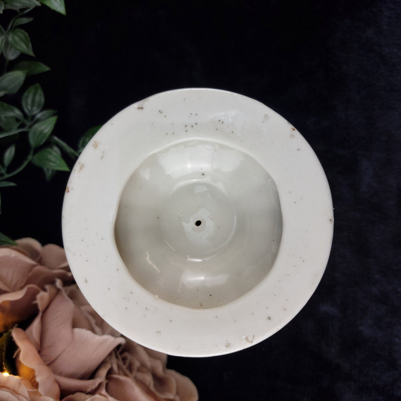 Rare Milk Glass porcelain Candlestick Holder, Black Dot Chipped Rim & Base 6.5"6