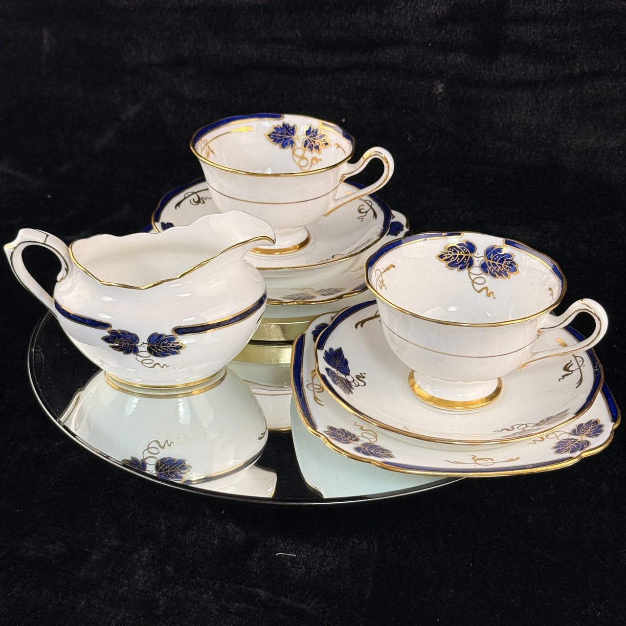 Rare Royal Albert Crown China Blue Gold Leaf Tea Set Trio x2 & Jug England 1930s2