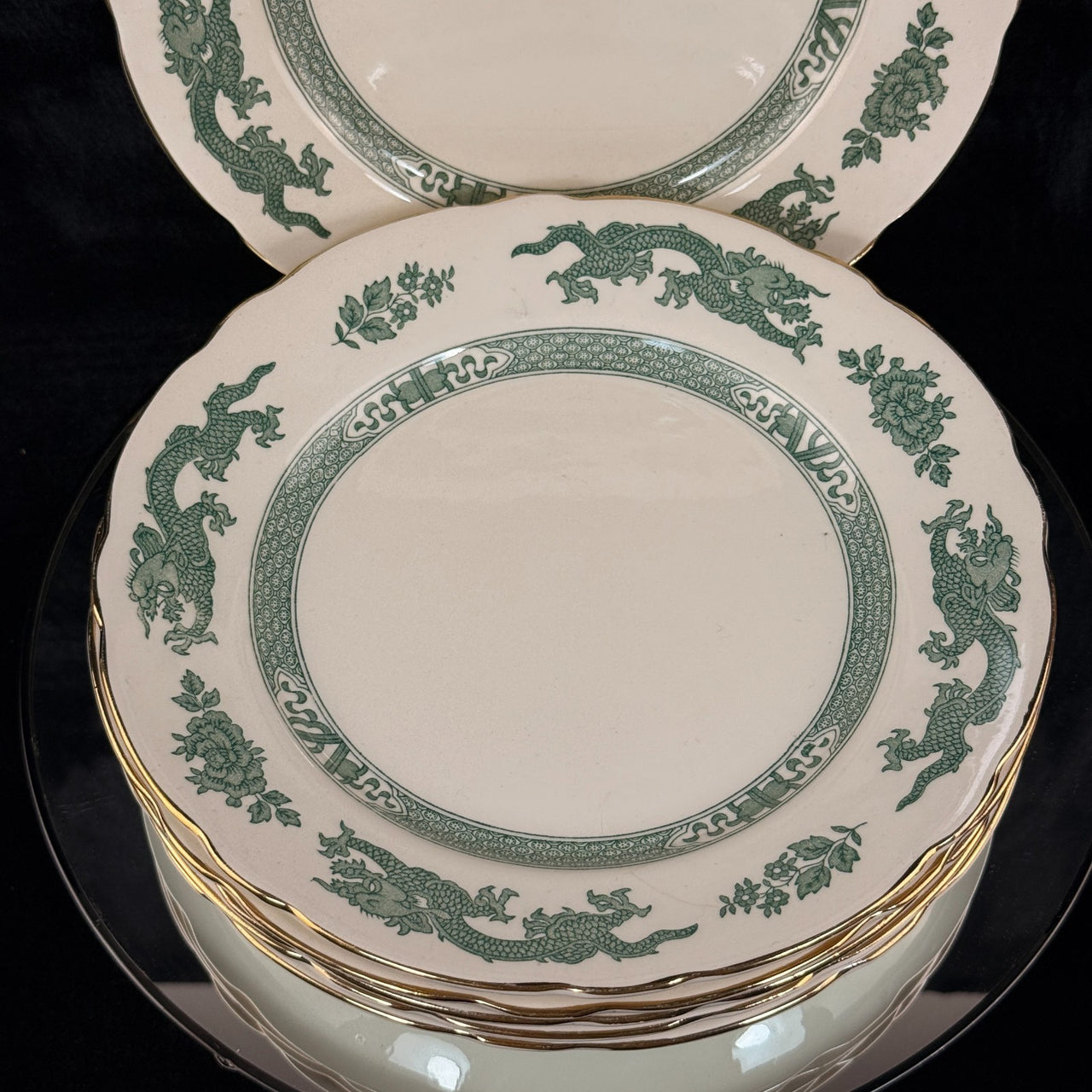 Royal Cauldon Antique Green Dragon Plates x6 England Ironstone c.1900s. 10.5" 8