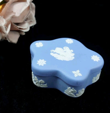 Wedgwood Blue Jasperware Trinket Small Pentagon   Box , Cherub Mot  & Floral . 0