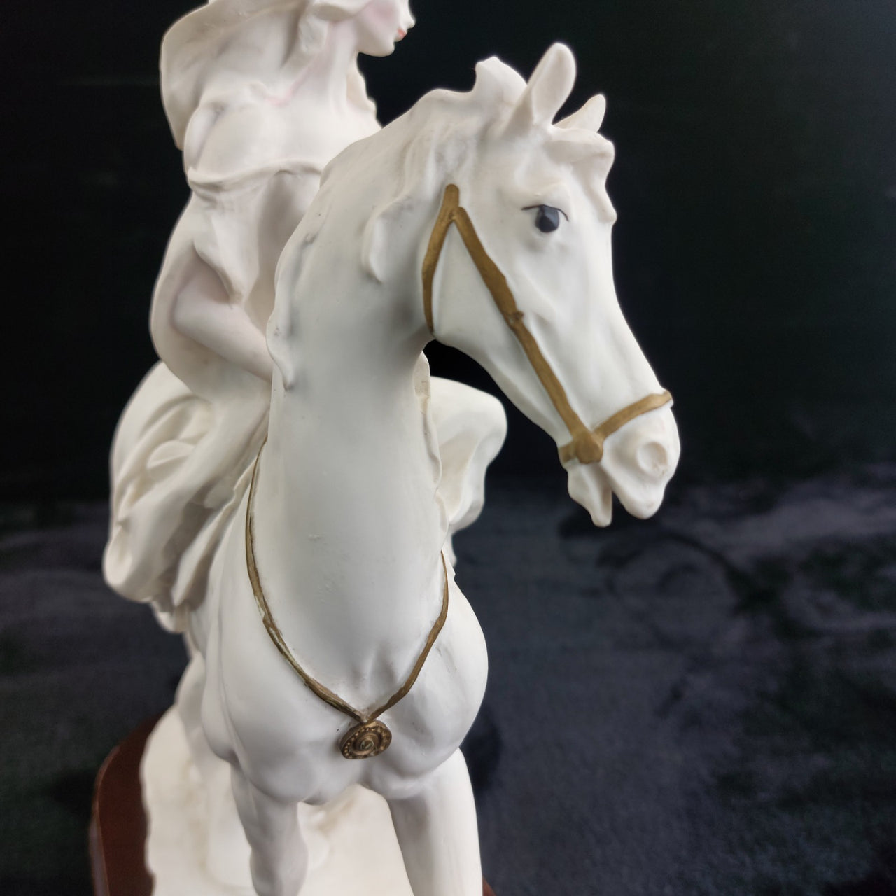 The White Lady Figurine Elegant Matte Bisque Horseback Rider on Wood Base 12"9