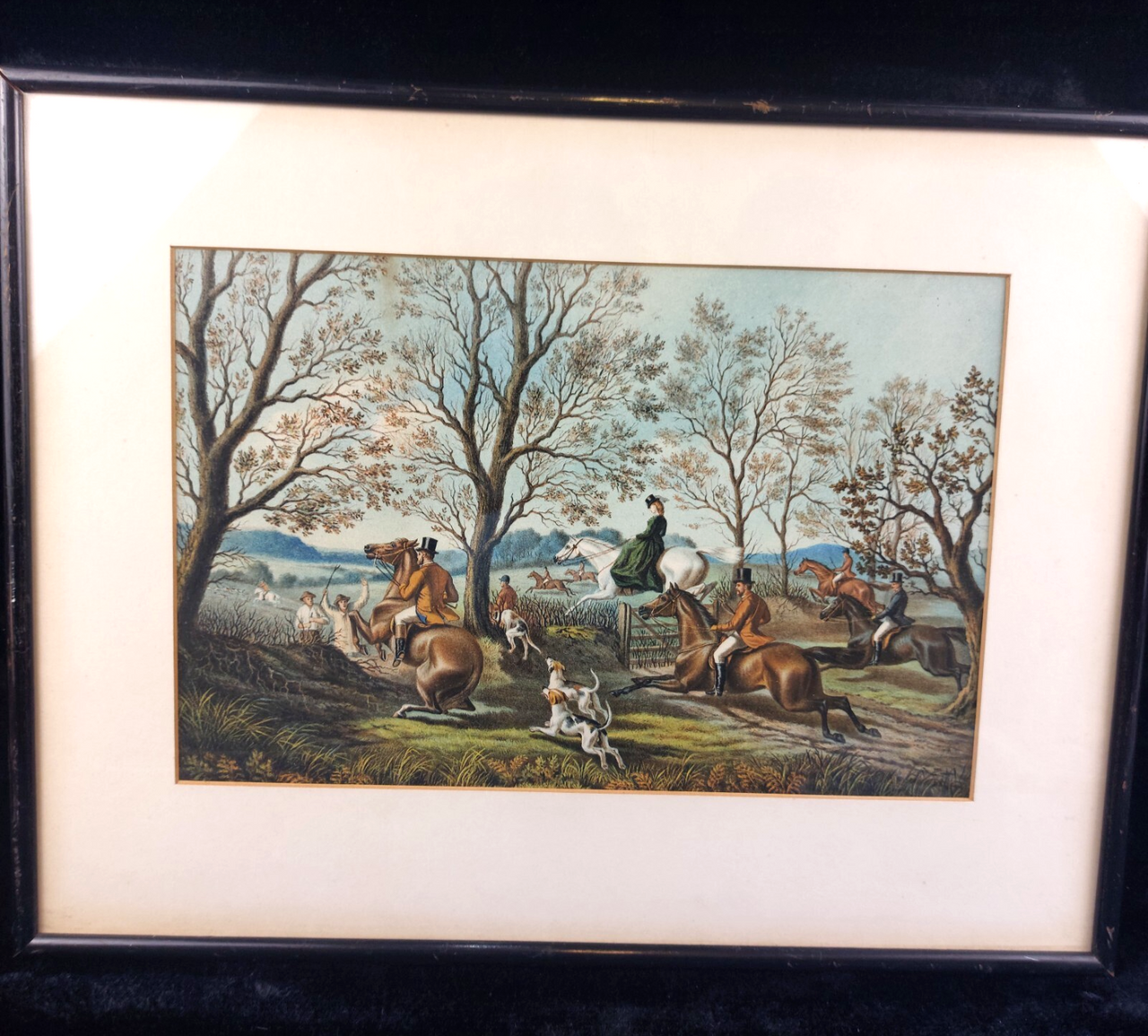 19th Century Antique Framed HandColoured Steel Engraving paint Fox Hunting decor0
