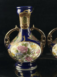 Thumbnail for Japanese Blue Cobalt Porcelain Vases Pair Gold Gilt Floral Moriage Antique Decor3