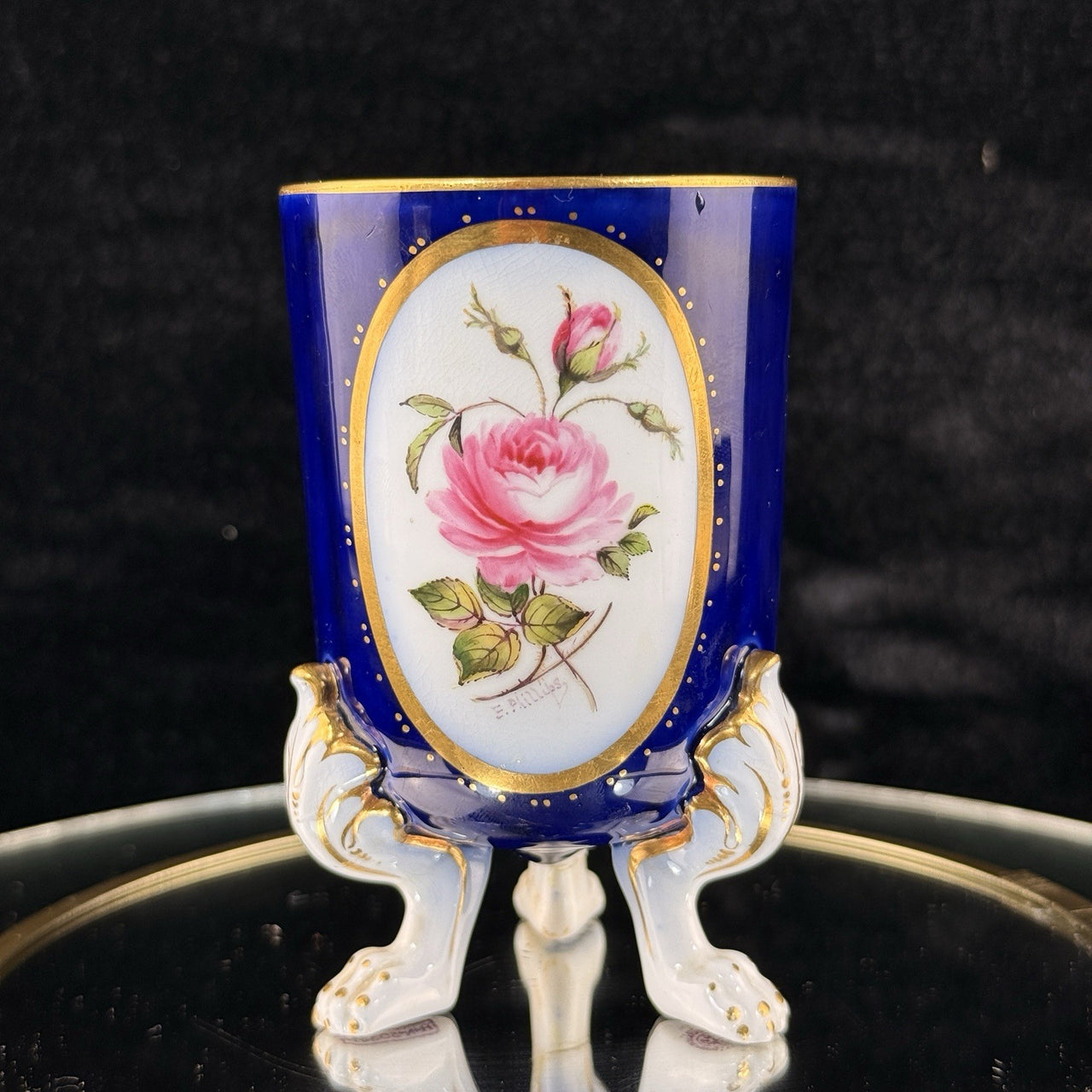 Royal Worcester Tripod Vase Blue Cobalt Pink Rose Hand Painted Gilt Antique Styl0