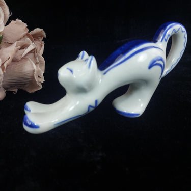 USSR Vintage Cat Figurine Good Blue White Stretching Kitten Russian Porcelain .1