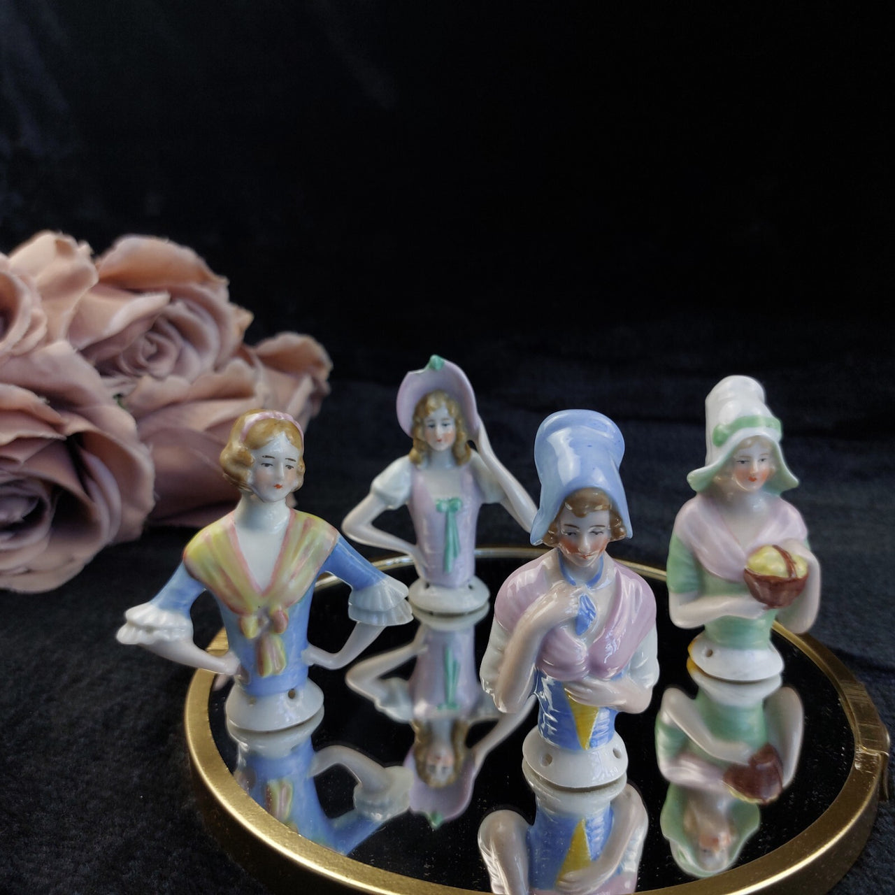 Porcelain Doll Half Lot of 4 Foreign Marked Hand Painted Figurines 3in Worn0