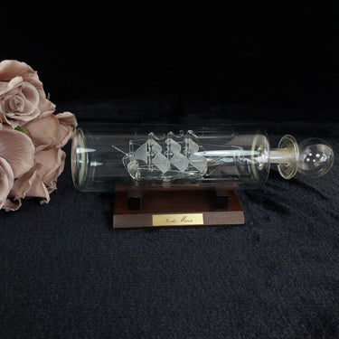 Santa Maria Glass Ship In Bottle On Wooden Stand Frosted Sails Nautical Handmade0