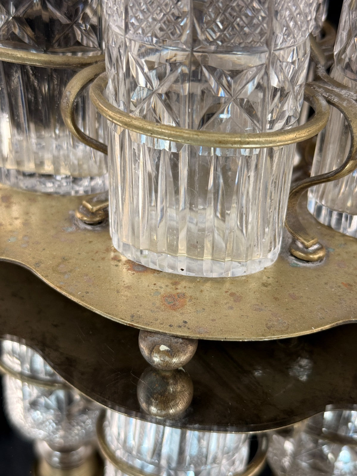 Antique Brass & Cut Glass Cruet Set Four Bottle Table Castor Stand Marked EPNS.11