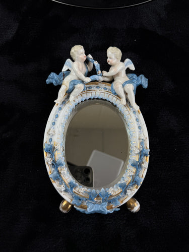 Antique French Style Porcelain Mirror with Cherub Figurines repaired leg1