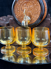 Thumbnail for Vintage Amber Glass Barrel Decanter Set with Tap 3 Glasses Tray & Wood Stand7