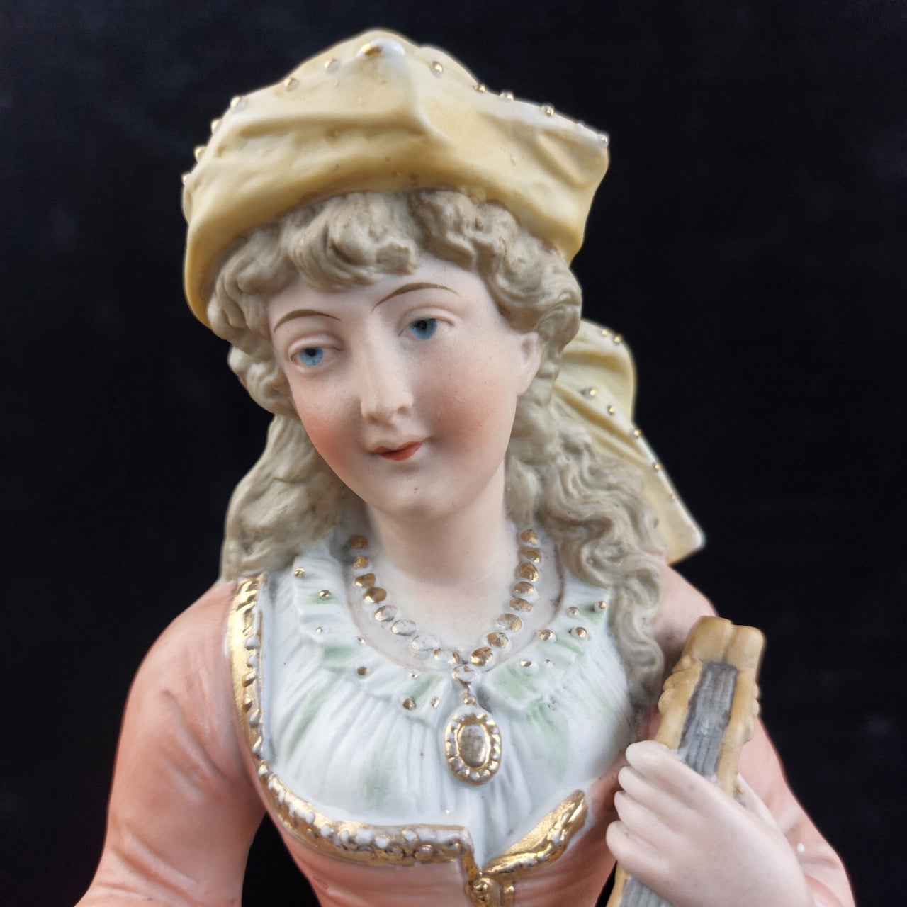 Antique 15in German Bisque Figurine Lady Mandolin Musician Hand Painted Gilt5