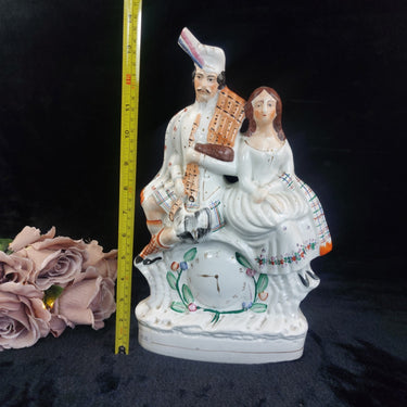 Staffordshire 19th Century Figurine Bagpiper Couple Clock Large Scottish 14