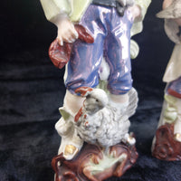 Thumbnail for Antique Porcelain Boy & Girl Figurines Pair Poultry Chicken Farmyard 10.5