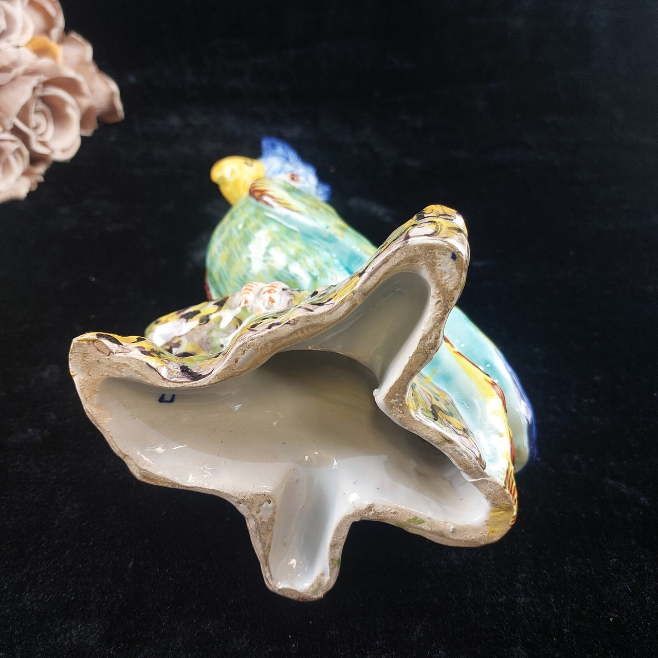 Antique c1890 France Desvres Fourmaintraux Parrot Faience porcelain Cockatoo 10"7