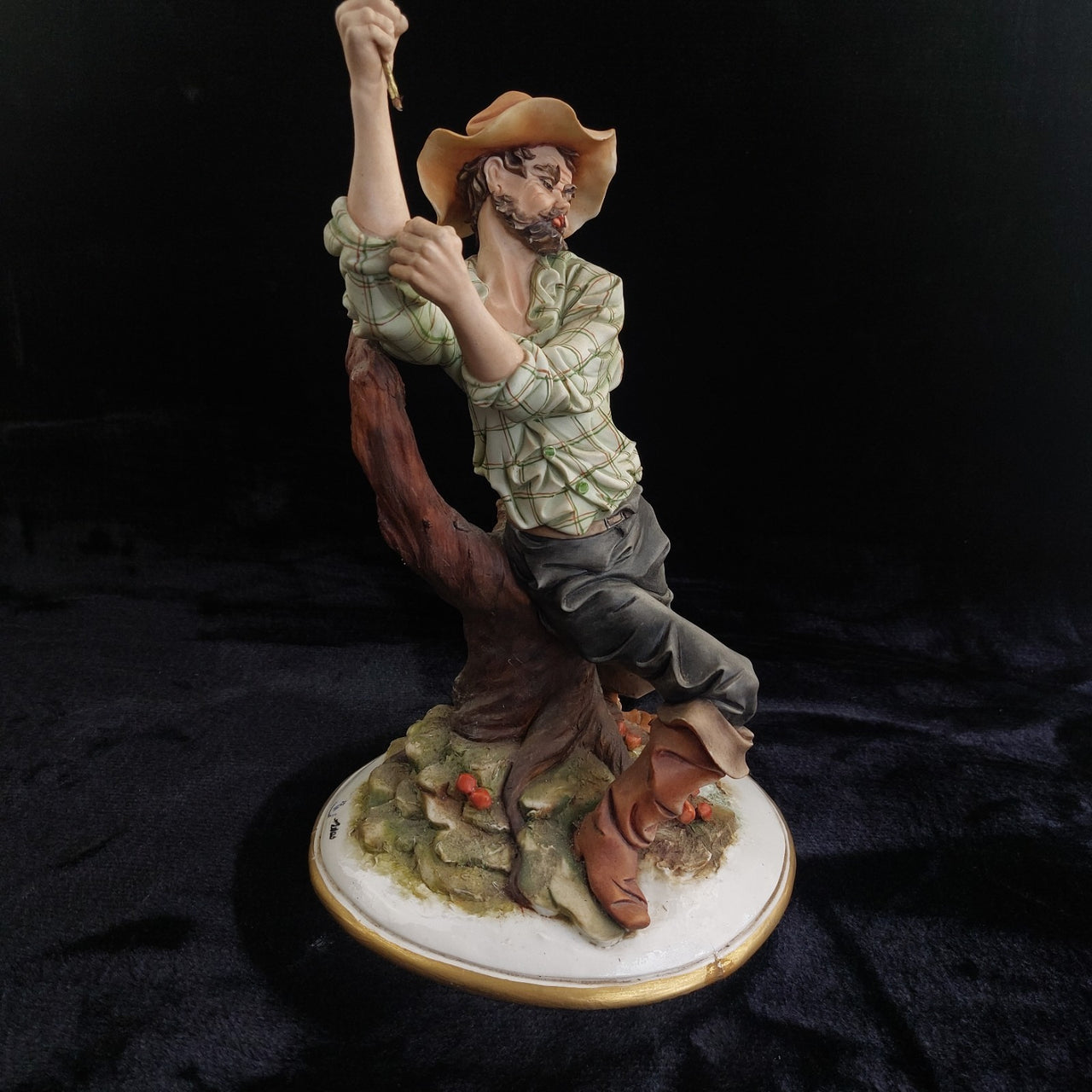Ades Fisherman Signed Capodimonte Porcelain Figurine 17"Tree Base Italy pics see3