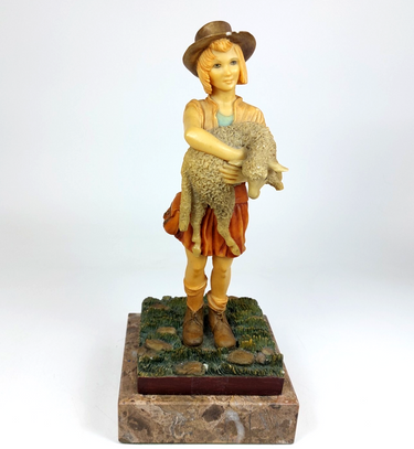 Resin Figurine of Girl Holding Lamb on Marble Base   9.75