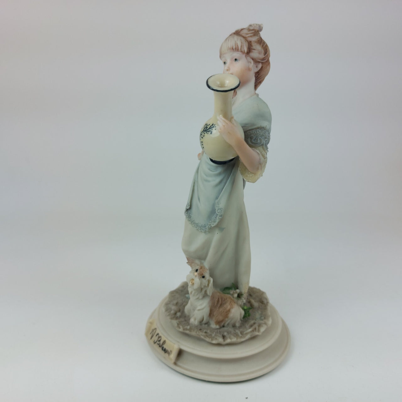 Signed A. Belcari Girl with Dog Vase Capodimonte Italian Porcelain 7" 1987 dec7