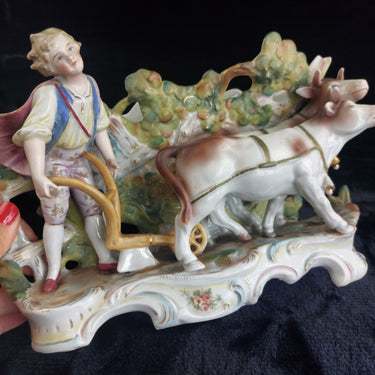 Rococo Antique Dresden Style Figural Group Vase Man Ploughing Oxen Hand Painted1